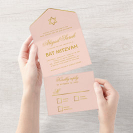 Bat Mitzvah Blush Pink Imitate Gold Elegantes Scri All In One Einladung