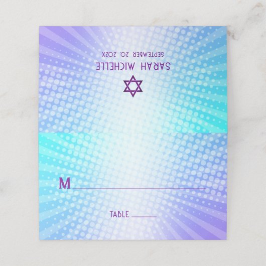 Bat Mitzvah Bold Boho Retro Blue Lila Gradient Platzkarte (Außenseite Aufgefaltet)