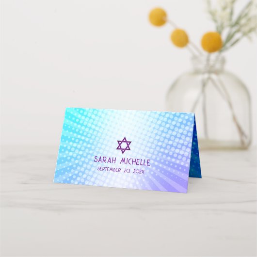 Bat Mitzvah Bold Boho Retro Blue Lila Gradient Platzkarte (Rückseite)