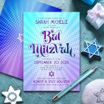 Bat Mitzvah Bold Retro Boho Blue Lila Gradient Einladung<br><div class="desc">Seien Sie stolz, freuen Sie sich und präsentieren Sie diesen Meilenstein Ihres Lieblings-Bat Mitzvah mit diesem lustigen boho Retro, personalisierte Einladung! Die trendige, fett lila und marineblaue Typografie mit moderner Sans-Serif-Typografie überlagert den Hintergrund von türkisfarbenen Pop und lila Ober-Farbradien mit weißen Punkten. Auf der Rückseite, ein weißer Stern von David...</div>