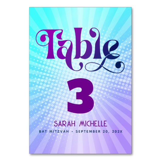 Bat Mitzvah Bold Retro Boho Blue Lila Gradient Tischnummer (Vorderseite)