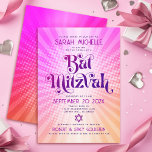 Bat Mitzvah Bold Retro Boho Pink Orange Gradient Einladung<br><div class="desc">Seien Sie stolz, freuen Sie sich und präsentieren Sie diesen Meilenstein Ihres Lieblings-Bat Mitzvah mit diesem lustigen boho Retro, personalisierte Einladung! Spaß, trendige, kühn dunkelrosa und lila Typografie mit moderner Sans Serif Typografie überlagern den Hintergrund von Pop-Lichtstrahlen in Orange- und Rosa-Ober-Farbradien mit weißen Punkten. Auf der Rückseite, ein weißer Stern...</div>