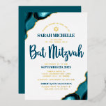 Bat Mitzvah Bold Türkise Agate Script Real Gold Folieneinladung<br><div class="desc">Seien Sie stolz, freuen Sie sich und präsentieren Sie diesen Meilenstein Ihres Lieblings-Bat Mitzvah! Versenden Sie diese coole, einzigartige, moderne, personalisierte Goldfolie, um sich an eine Veranstaltung zu erinnern. Dunkle aquamarine blaue Schrift-Typografie, reale Goldfolie sans Serifentypografie, und ein echter Goldstar aus David aus einer Folie überlagert einen einfachen, sauberen, weißen...</div>