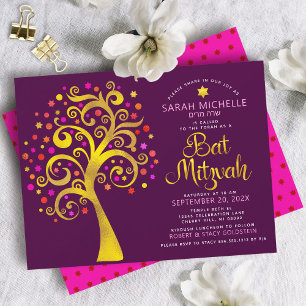 Bat Mitzvah Burgund Goldfolie Skript Baum des Lebe Einladung