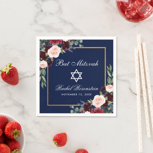 Bat Mitzvah Burgundy Blue Floral Gold Serviette (Beispiel)
