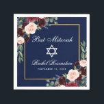 Bat Mitzvah Burgundy Blue Floral Gold Serviette<br><div class="desc">Bat Mitzvah Watercolor Burgundy Marsala Blue Floral Gold Frame Papier Napkin</div>