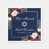 Bat Mitzvah Burgundy Blue Floral Gold Serviette (Vorderseite)