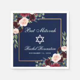 Bat Mitzvah Burgundy Blue Floral Gold Serviette