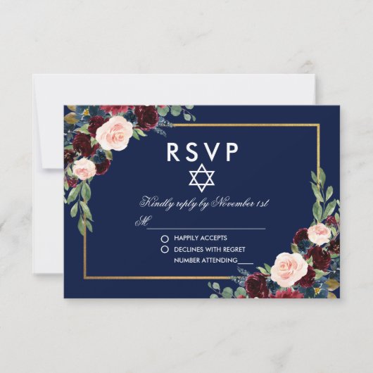 Bat Mitzvah Burgundy Blue Floral Gold UAWG RSVP Karte (Vorderseite)