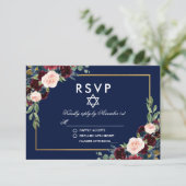 Bat Mitzvah Burgundy Blue Floral Gold UAWG RSVP Karte (Stehend Vorderseite)