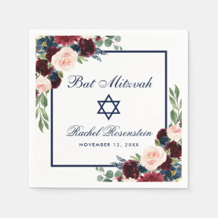Bat Mitzvah Burgundy Blue Floral Serviette