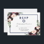 Bat Mitzvah Burgundy Blue Floral Silver UAWG RSVP Karte<br><div class="desc">Watercolor Burgundy Marsala Blue Floral Bat Mitzvah Silver RSVP Card</div>