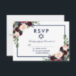 Bat Mitzvah Burgundy Blue Floral UAWG RSVP Karte<br><div class="desc">Watercolor Burgundy Blue Floral Bat Mitzvah RSVP Card</div>