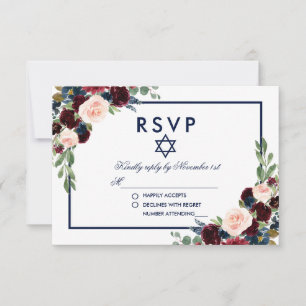 Bat Mitzvah Burgundy Blue Floral UAWG RSVP Karte