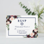 Bat Mitzvah Burgundy Blue Floral UAWG RSVP Karte (Stehend Vorderseite)
