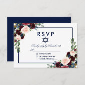 Bat Mitzvah Burgundy Blue Floral UAWG RSVP Karte (Vorne/Hinten)