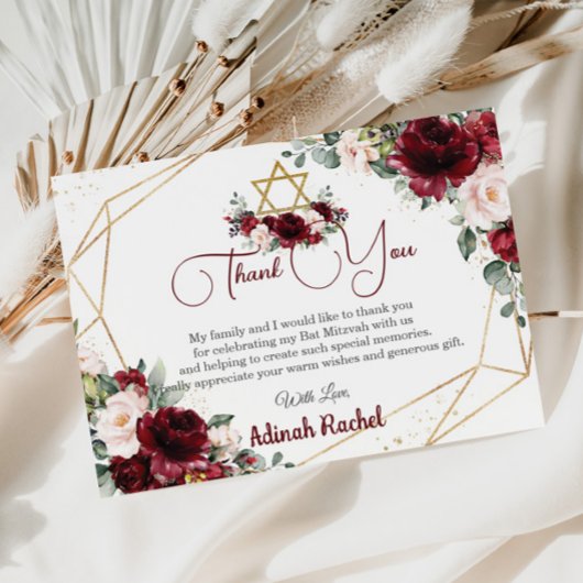 Bat Mitzvah Burgundy Blush Floral Gold Star Dankeskarte