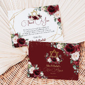 Bat Mitzvah Burgundy Blush Floral Gold Star Dankeskarte