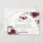 Bat Mitzvah Burgundy Blush Floral Gold Star Dankeskarte (Vorderseite)