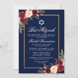 Bat Mitzvah Burgundy Floral Blue Gold Einladung