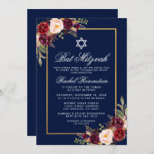 Bat Mitzvah Burgundy Floral Blue Gold Einladung (Vorne/Hinten)