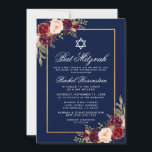 Bat Mitzvah Burgundy Floral Blue Gold Einladung<br><div class="desc">Bat Mitzvah Watercolor Burgundy Marsala Floral Blue Gold Einladungskarte</div>