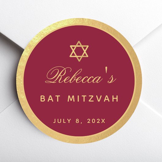 Bat Mitzvah Burgundy Imitate Gold Elegante Kalligr Runder Aufkleber