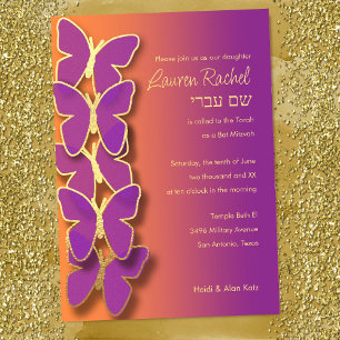 Bat Mitzvah Butterfly Lila Orange Ombre Einladung