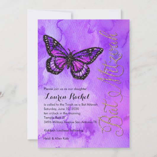 Bat Mitzvah Butterfly Lila und rosa gestrichen Einladung (Vorderseite)