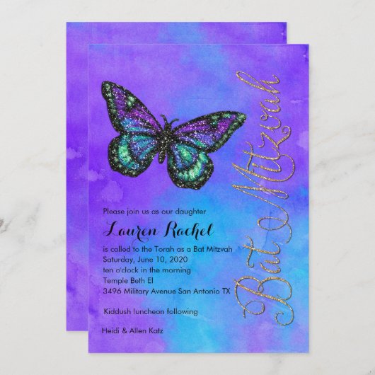 Bat Mitzvah Butterfly Lila und türkis gestrichen Einladung (Vorne/Hinten)