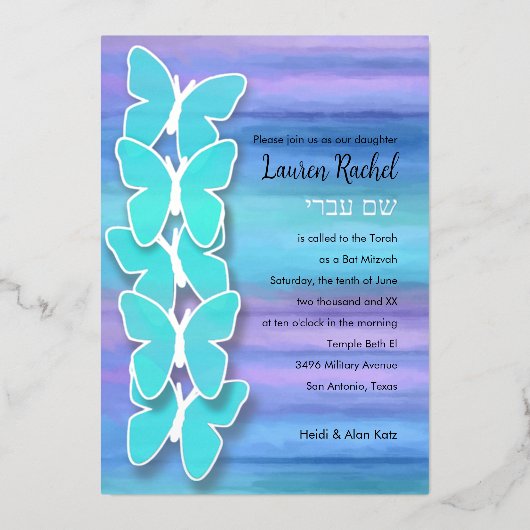 Bat Mitzvah Butterfly Türkisch Lila Wasserfarbe Folieneinladung (Vorderseite)