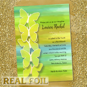 Bat Mitzvah Butterfly Watercolor Blau Gelb Folieneinladung
