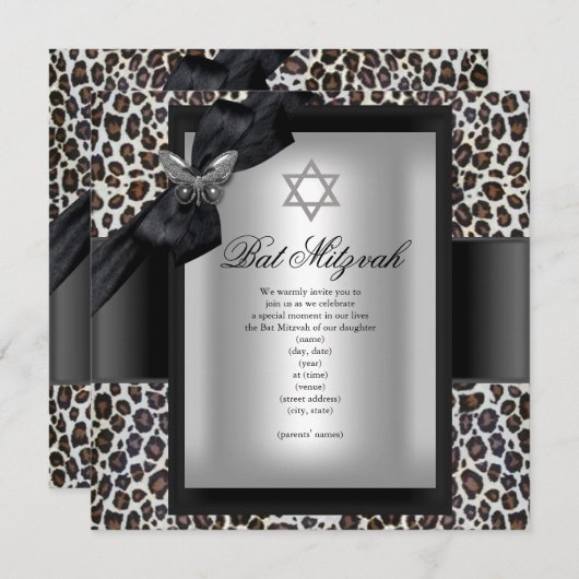 Bat Mitzvah Cheetah Black Butterfly Einladung (Vorne/Hinten)