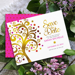 Bat Mitzvah Chic Gold Pink & Red Folie Baum des Le Save The Date