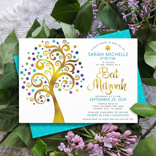 Bat Mitzvah Chic Turquoise Goldener Tree of Life Einladung