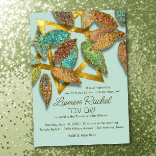 Bat Mitzvah Colorful Glittery Petals Aqua Brown Einladung