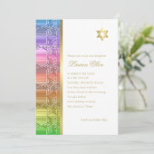 Bat Mitzvah Colorful Rainbow Star Damask Einladung (Stehend Vorderseite)