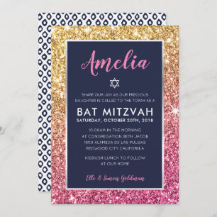 BAT MITZVAH cooler Marinegold Glitzer einladen Einladung