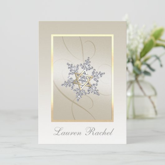 Bat Mitzvah Crystal Snowflake Star von David Einladung (Stehend Vorderseite)