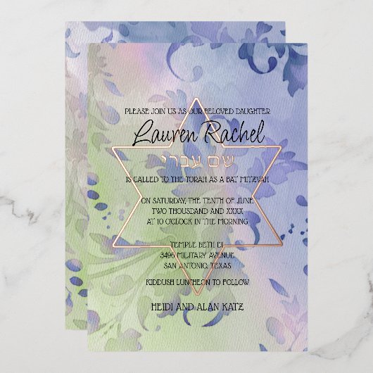 Bat Mitzvah Delicate Floral Watercolor Design Folieneinladung (Vorderseite/Rückseite)