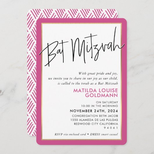 BAT MITZVAH einfacher, moderner, minimaler, rosa G Einladung (Vorne/Hinten)