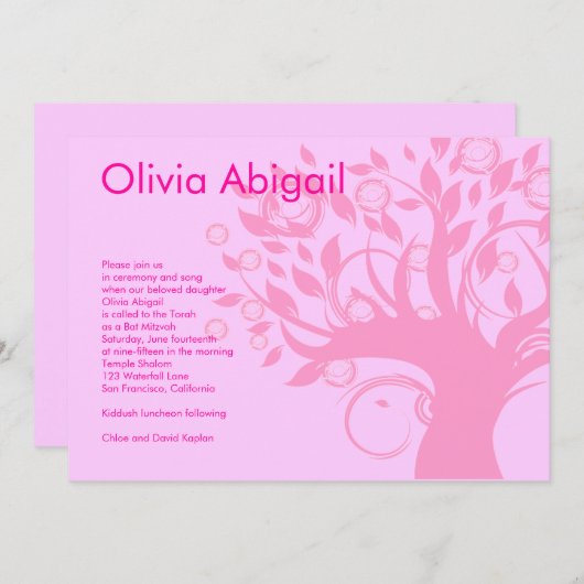 Bat Mitzvah Einladung Baum des Lebens Rosa Süß 16 (Vorne/Hinten)