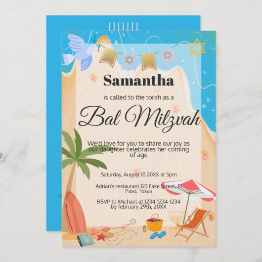Bat mitzvah Einladung: Beach theme, QR Einladung (Vorne/Hinten)