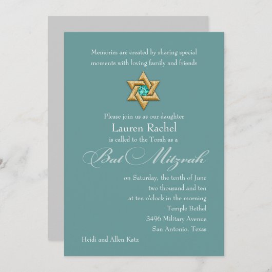 Bat Mitzvah Einladung Gold Star von David (Vorne/Hinten)