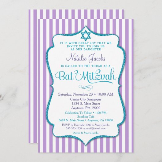 Bat Mitzvah Einladung Lila Aquamarine Elegante Str (Vorne/Hinten)