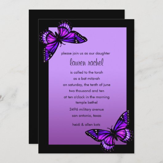 Bat Mitzvah Einladung Lila Schmetterling (Vorne/Hinten)