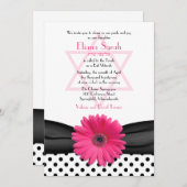 Bat Mitzvah Einladung | Pink Daisy Polka Dot (Vorne/Hinten)