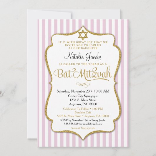 Bat Mitzvah Einladung Rosa Gold Eleganter Streifen (Vorderseite)