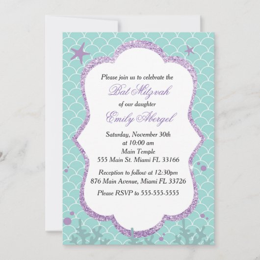 Bat Mitzvah Einladung unter dem Meer Lila Aquamari (Vorderseite)