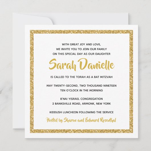 Bat Mitzvah Einladung von White and Gold Square (Vorderseite)